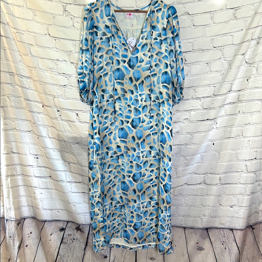 Buddy Love Blue Animal Print Gold Metallic Stripe Maxi Dress Size Medium